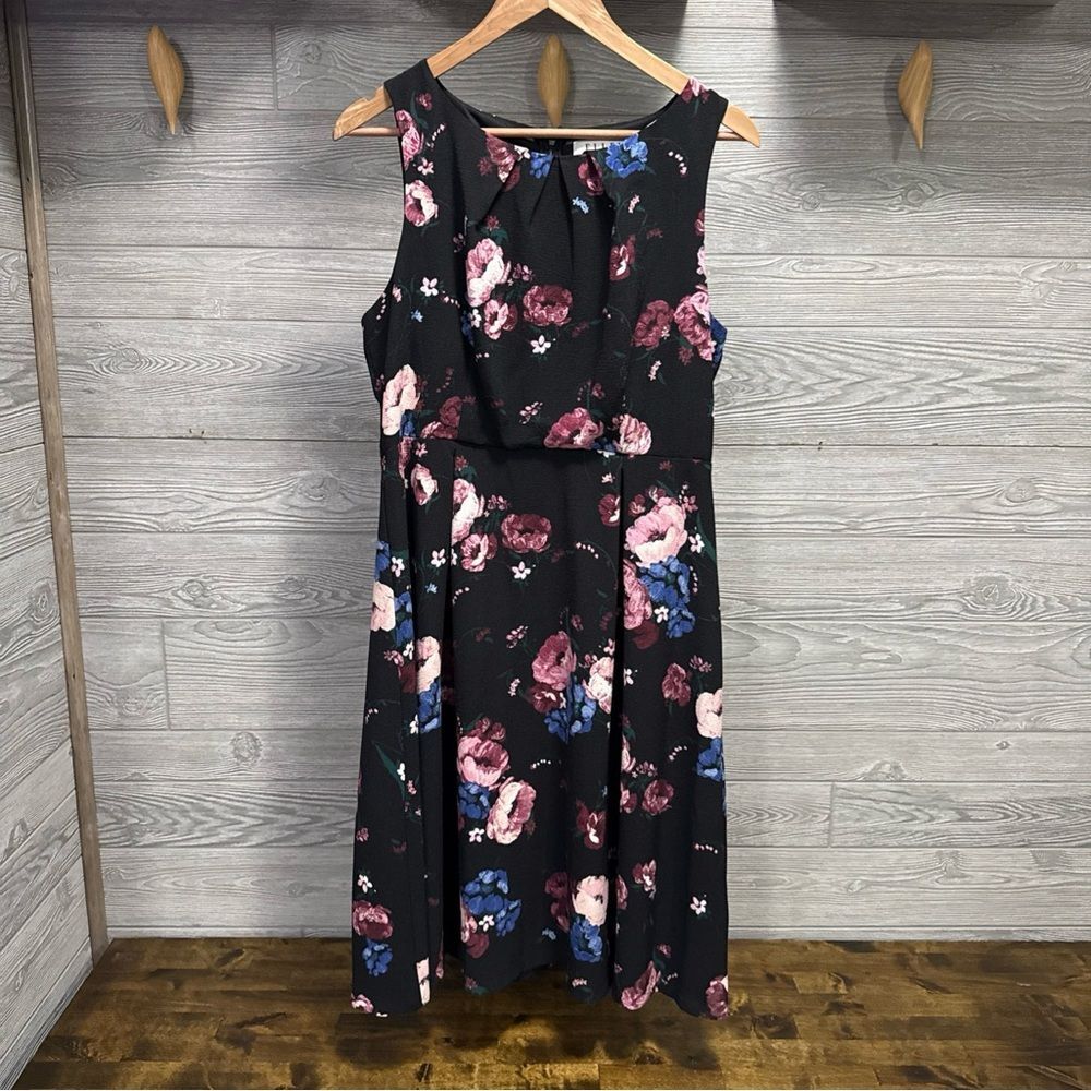 ELLE Women’s Dark Floral Fit Flare Midi Dress L Black Sleeveless Event Career